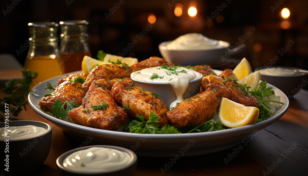 Grilled chicken wing on plate with fresh vegetable salad generated by AI Grilled chicken wing on plate with fresh vegetable salad generated by AI
