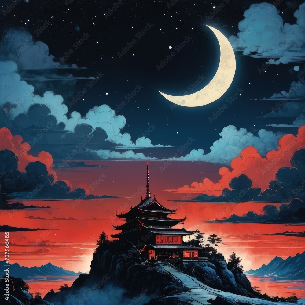 Moonlit Serenity: Chinese Palace in a Starry Night Sky Painting
