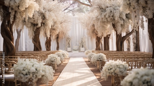Wedding ceremony outdoor. A beautiful and stylish wedding arch, decorated by various fresh white flowers abd trees, standing in the garden. wedding party. Generative AI photo
