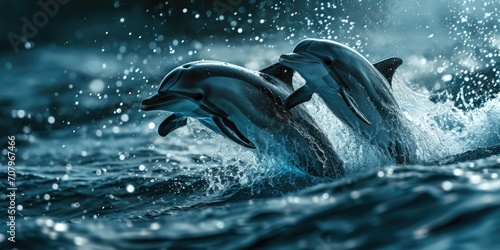 Two dolphins jumping out of the water. Perfect for marine life enthusiasts and beach-themed designs © Fotograf