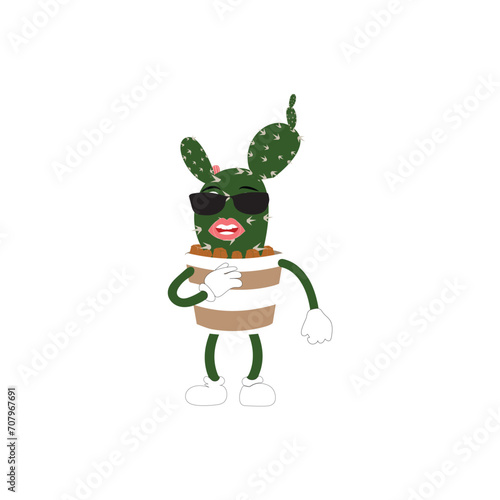 Cartoon cactus plant in a pot character mascot in black sunglasse, cartoon characters stickers. Spiky plant in different poses, actions and with face expressions photo