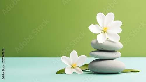 White stones stack and flowers on green background. Card for meditation  spa concept. Top view and flat lay.