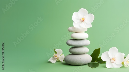 White stones stack and flowers on green background. Card for meditation, spa concept. Top view and flat lay.