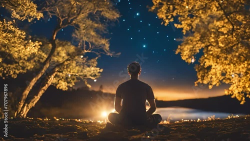 Silhouette sitting in meditation on the background of a beautiful starry sky. illustration of harmony with oneself and self-knowledge. Generative AI