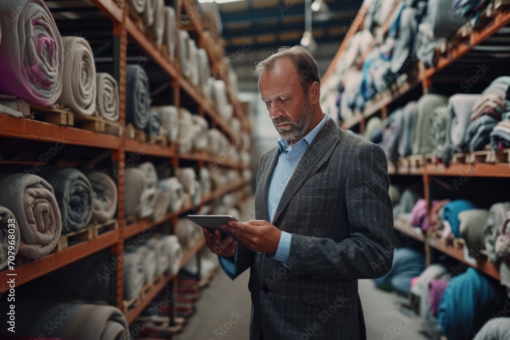 A man in a suit is looking at a tablet. Suitable for business and technology concepts