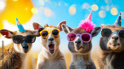 Fröhliche lustige und lächelnde 3d Tiere auf einer Tierparty machen eine Party mit Partyhüten und Sonnenbrillen sowie Luftballons als Kartenmotiv für Grußkarte Generative AI