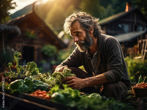 Personas naturales y saludables, recogiendo verduras en su huerto ecológico, permacultura © Julio