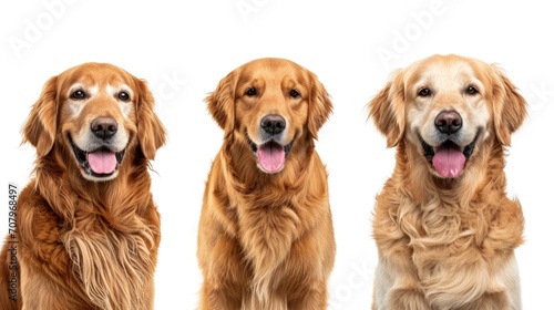 Three golden retrievers sitting side by side on a white background. Suitable for pet-related designs or advertisements © Fotograf