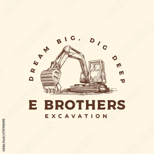 excavator hand drawn vintage digger vehicle logo design concept