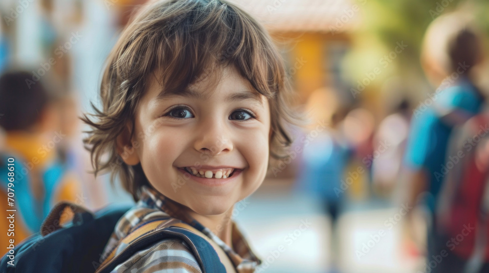 Portrait of a child boy on her first day at school. Portrait of a child boy on her first day at school.