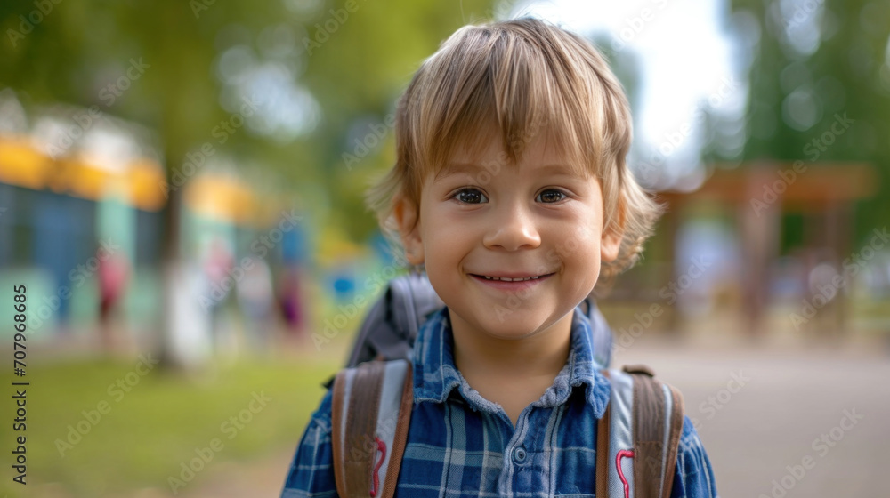 Portrait of a child boy on her first day at school. Portrait of a child boy on her first day at school.