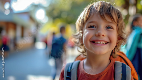 Portrait of a child boy on her first day at school.