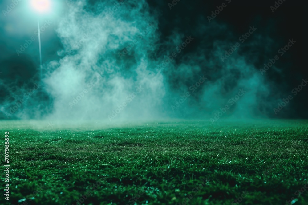 A soccer field enveloped in smoke, creating a mysterious and dramatic atmosphere. Perfect for sports-related designs and concepts