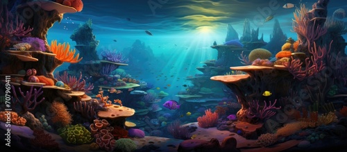 Underwater habitat with vibrant marine life.