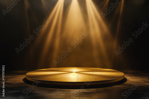 a product display podium stage with a spotlights on a dark background