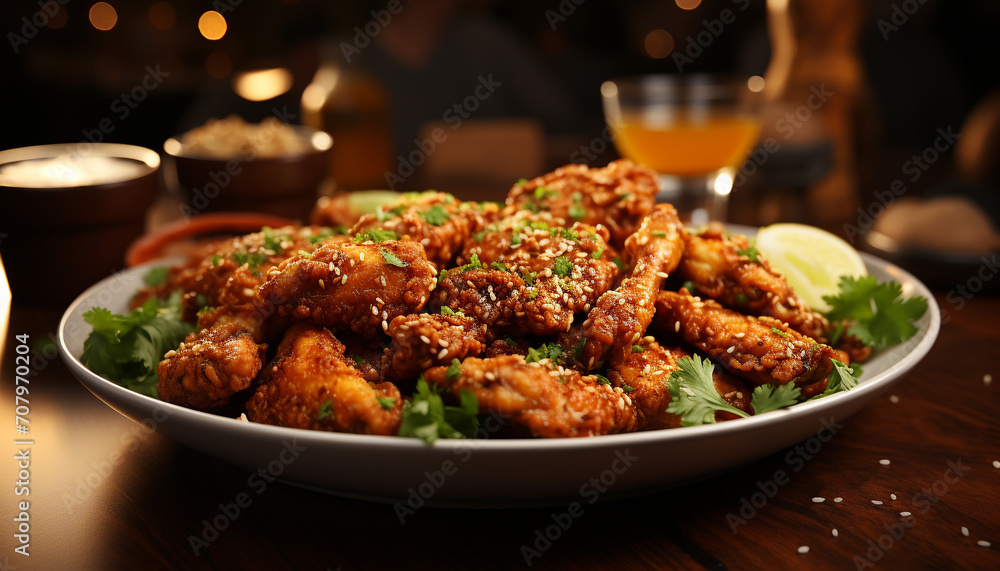 Freshness and spice on a plate, buffalo chicken wings for lunch generated by AI Freshness and spice on a plate, buffalo chicken wings for lunch generated by AI