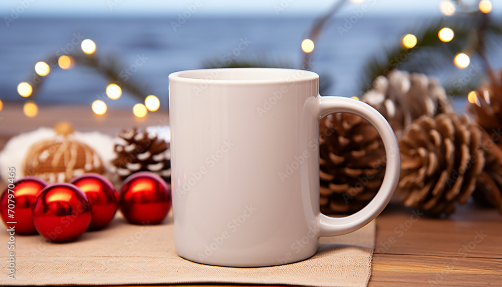 Obraz premium Winter celebration, hot drink, cozy wood background, Christmas lights generated by AI