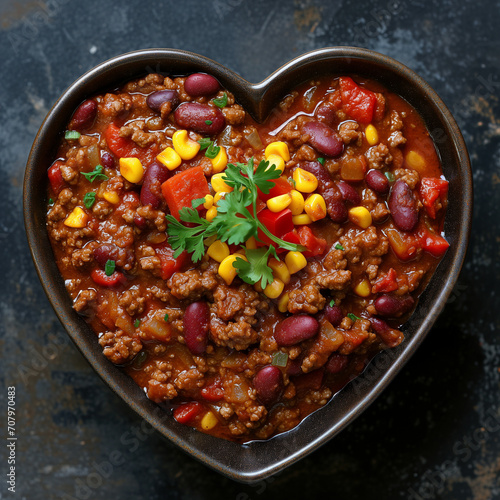 Chili con carne in heart shaped bowl