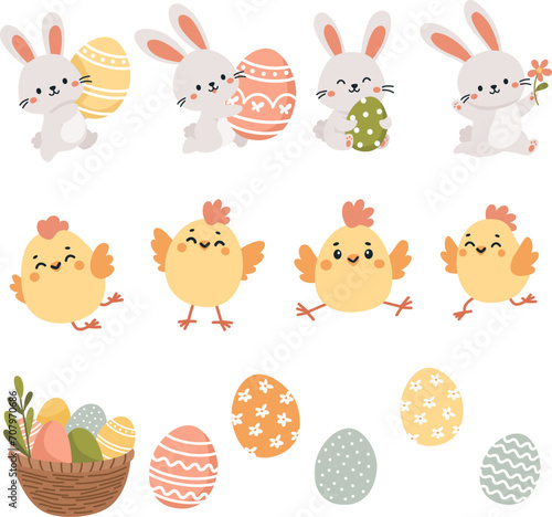 Vector set illustration for easter holiday. Cute Easter bunny, eggs and chickens, basket with Easter eggs . Vector illustration