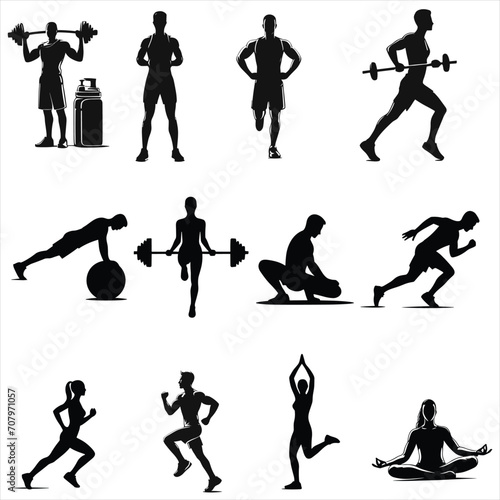 Collection of different exercise silhouettes ,calisthenics silhouettes ,female fitness, full body exercises , pushup exercise