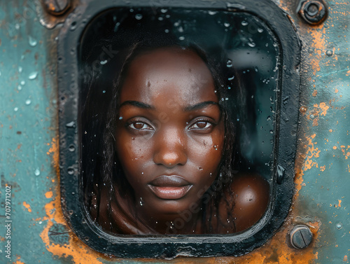 Retrato muy expresivo de mujer africana llorando en la ventana de un tren al despedirse de su familia