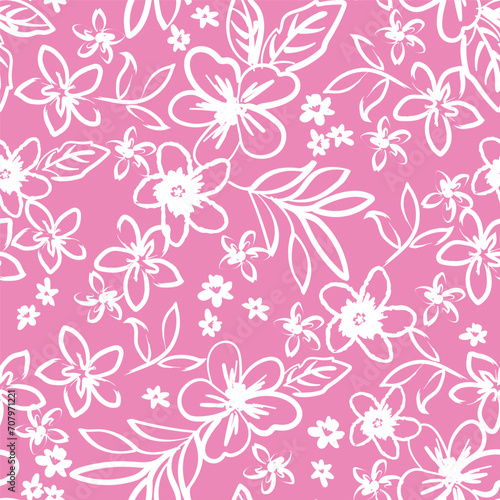 Summer hibiscus palm trees and leaf seamless vector print for swimwear fashion stationary girls ladies and teens. Bright fun cute colours. Pink and pretty cute colours. Tropical and Hawaii style.