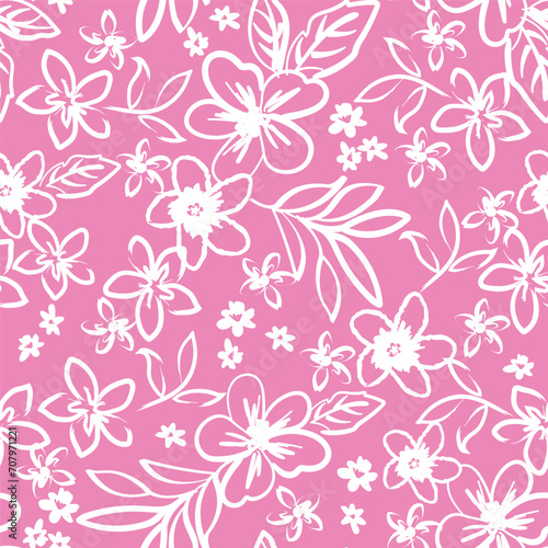 Summer hibiscus palm trees and leaf seamless vector print for swimwear fashion stationary girls ladies and teens. Bright fun cute colours. Pink and pretty cute colours. Tropical and Hawaii style.