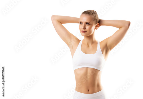 Perfect body of young and beautiful woman in swimsuit isolated on white. Weight loss, diet, sport and fitness concepts.