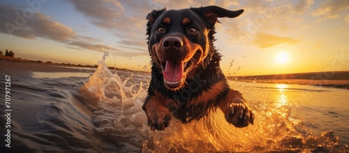 Energetic and excited, this Rottweiler eagerly awaits a beach sprint at sunset.