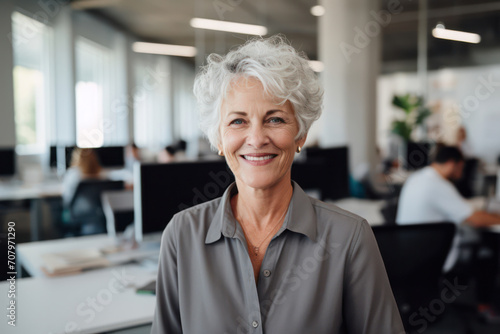 Happy Portrait of a Confident Mature Businesswoman: An Attractive Caucasian Senior Female in a Modern Office, Standing and Smiling at the Camera
