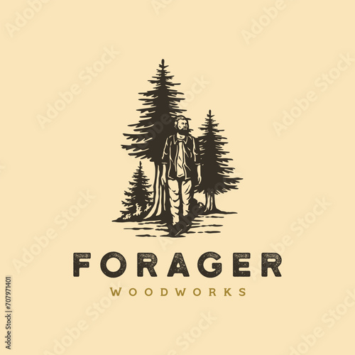 wood worker man walk on the forest holding toolbox vintage logo design