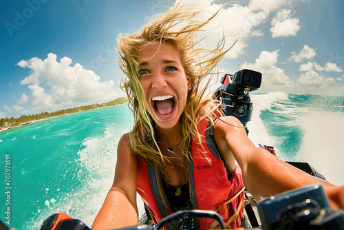 Young woman enjoying an exhilarating jetski ride on a sunny day, capturing the fun with an action camera. © apratim