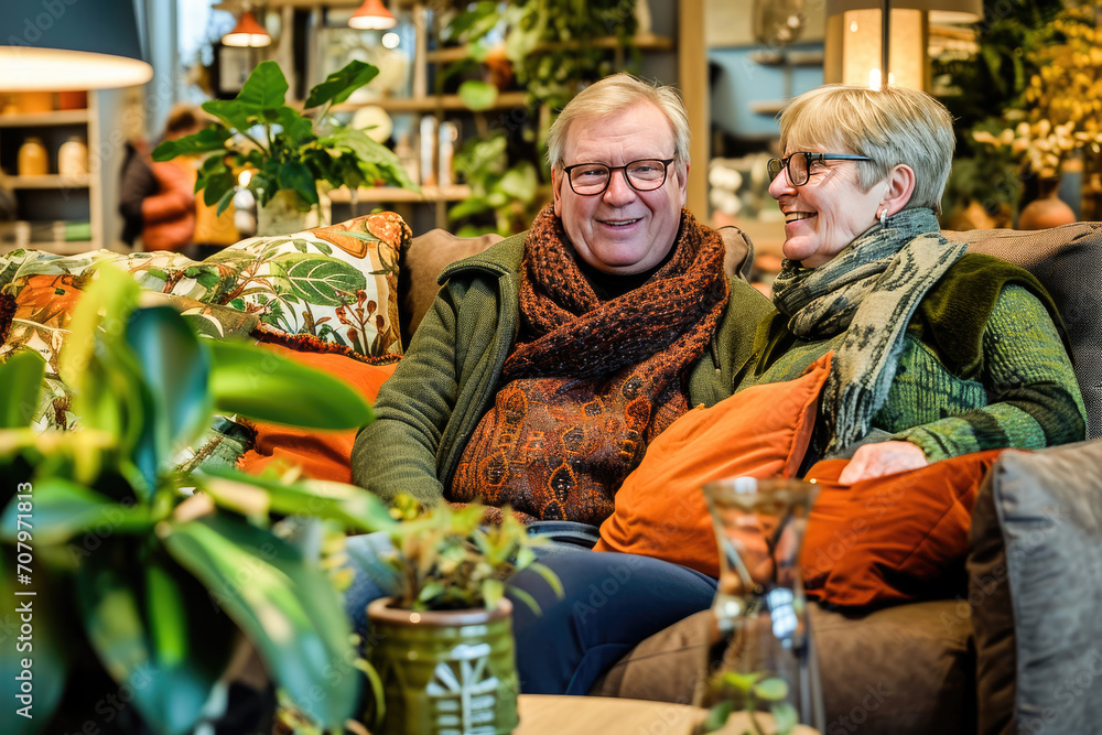 A smiling senior couple sitting comfortably at home, surrounded by plants and enjoying each other's company.