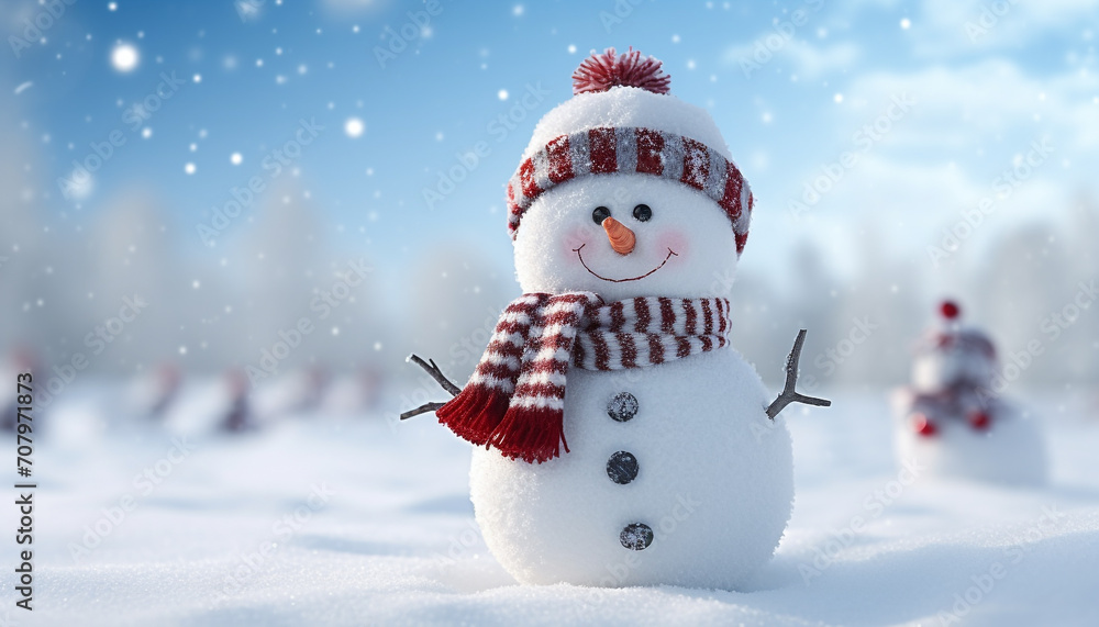 Cheerful snowman celebrates winter with snowflake decoration generated by AI