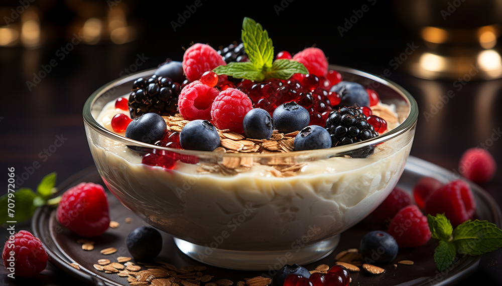 Raspberry fruit dessert, blueberry freshness, gourmet yogurt, healthy eating snack generated by AI Raspberry fruit dessert, blueberry freshness, gourmet yogurt, healthy eating snack generated by AI