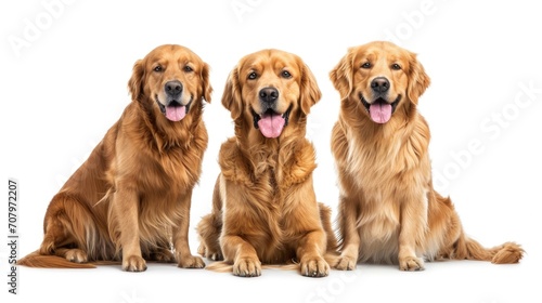 Three golden retrievers sitting side by side. Suitable for pet-related content or advertisements © Fotograf