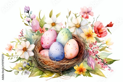 Easter painted eggs surrounded with flowers. Concept with Easter eggs and flowers in watercolor style. Festive Happy Easter concept for greeting card.