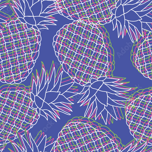 Seamless blue boy tropical pineapple summer fruit illustration background pattern in vector. Bright neon colors fun bright pattern.