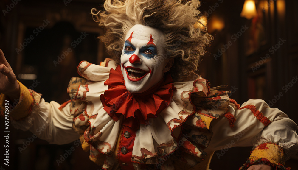 Smiling clown in spooky costume celebrates Halloween at night generated by AI
