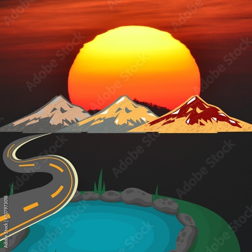 landscape sunset and mountain in illustration design. background of sunset and mountain arts.