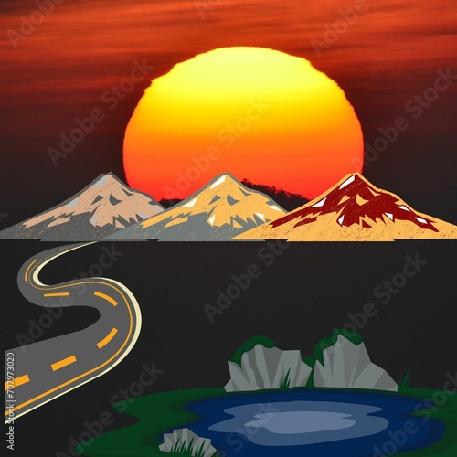 landscape sunset and mountain in illustration design. background of sunset and mountain arts.