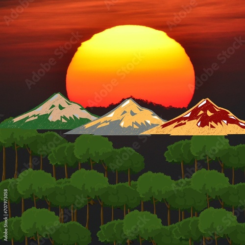 design of mountain and sunset landscape illustration art.