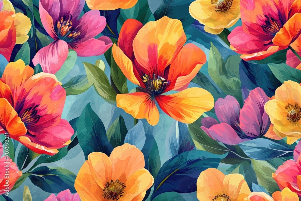 custom made wallpaper toronto digitalColorful flowers arranged together on a vibrant blue background. Perfect for adding a pop of color to any project or design