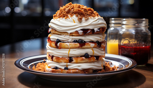 Freshly baked pancake with whipped cream and homemade berry sauce generated by AI photo