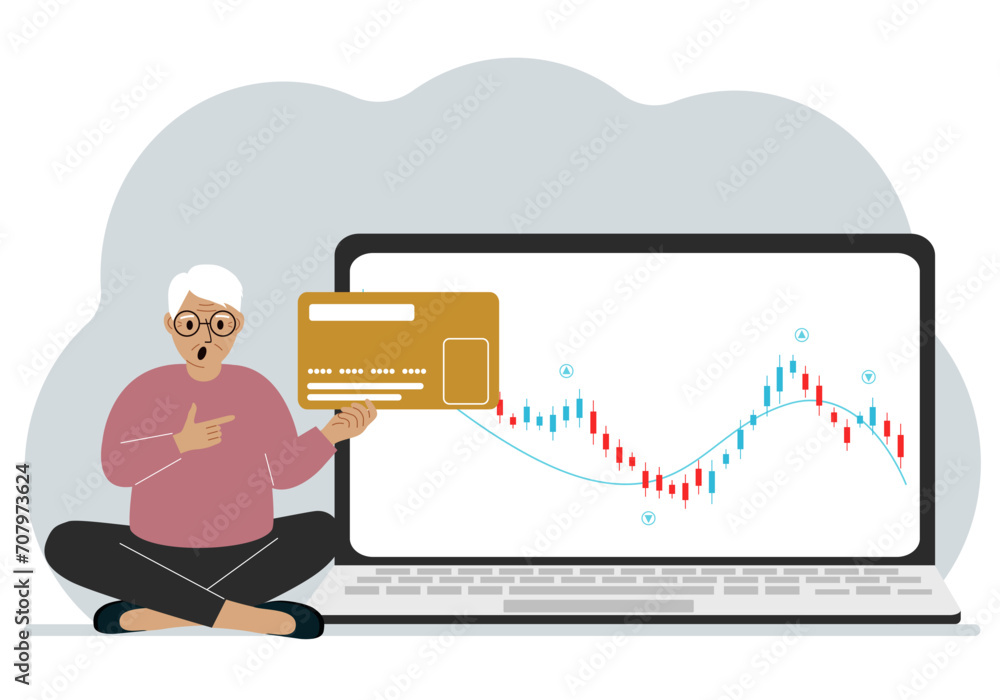 Φωτογραφία A laptop with a promo page of stock trading or trading on the stock exchange next to a man holding a plastic card
