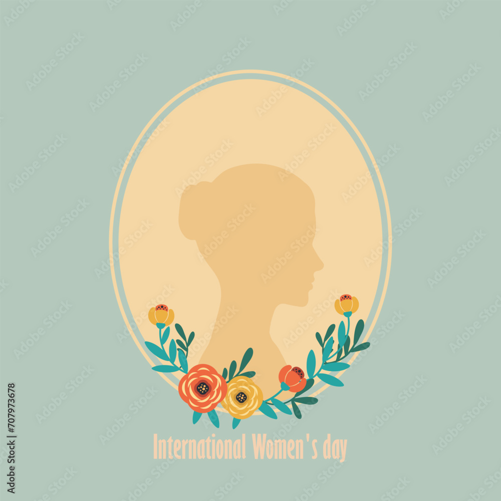 International women’s day woman with flowers and light blue frame silhouette card. Black silhouette of woman set, side view, face and neck only. Female vintage silhouette poster.