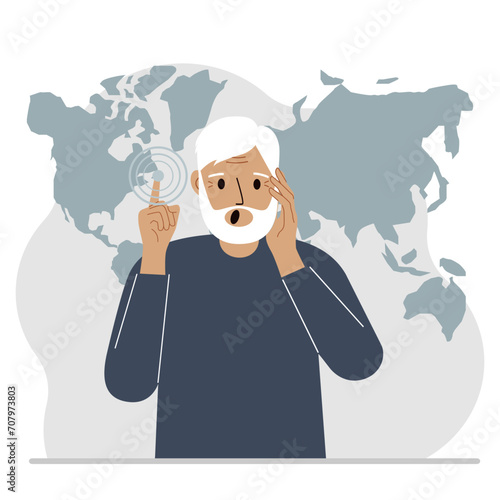A man presses his finger on a virtual map of the world. Future, cyber.