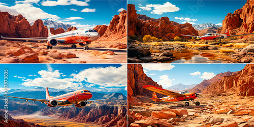 Airplane flying over a picturesque landscape. Visuals inspired by a red rock canyon and sun-soaked flowers. Emotional color fields to create an immersive atmosphere. Dry witty humor