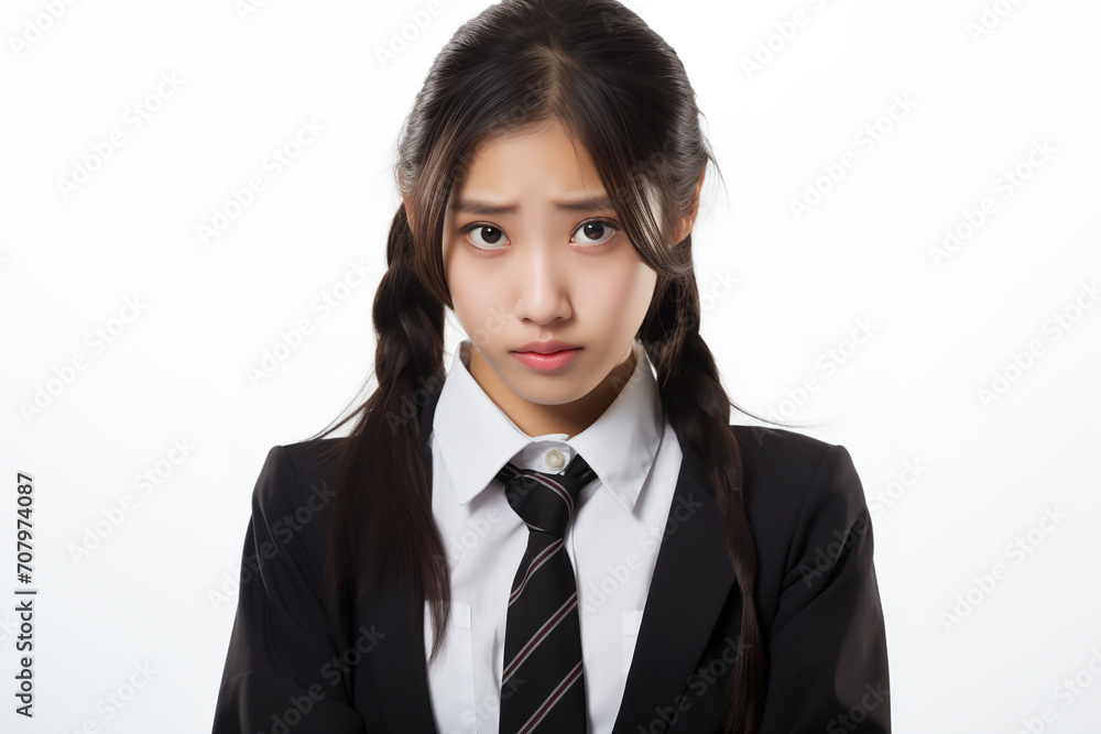 Portrait of unhappy asian teenage school girl on gray background. Portrait of unhappy asian teenage school girl on gray background.