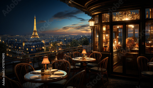 Nightfall illuminates the modern city skyline, a famous architectural masterpiece generated by AI